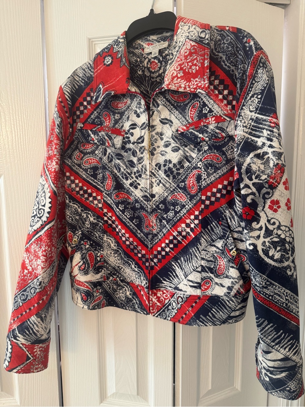 St. John Sport by Marie Gray Red Navy Paisley Zip Jacket